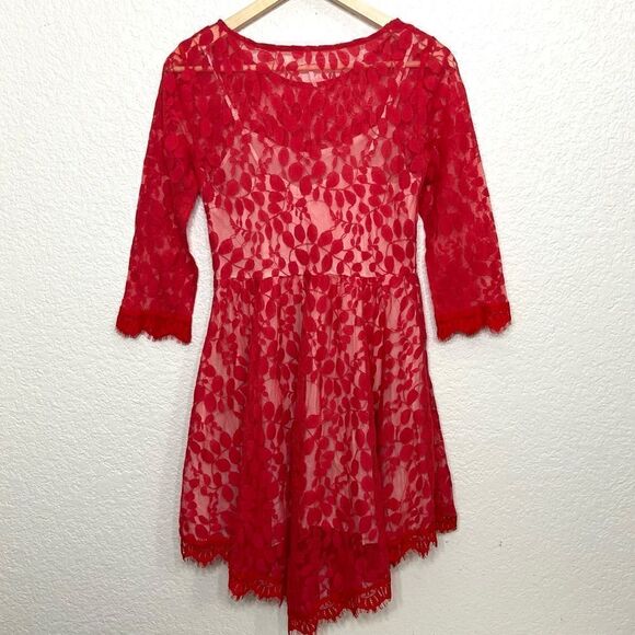 Free People Floral Mesh Lace Dress Red Size 6 - Picture 3 of 15